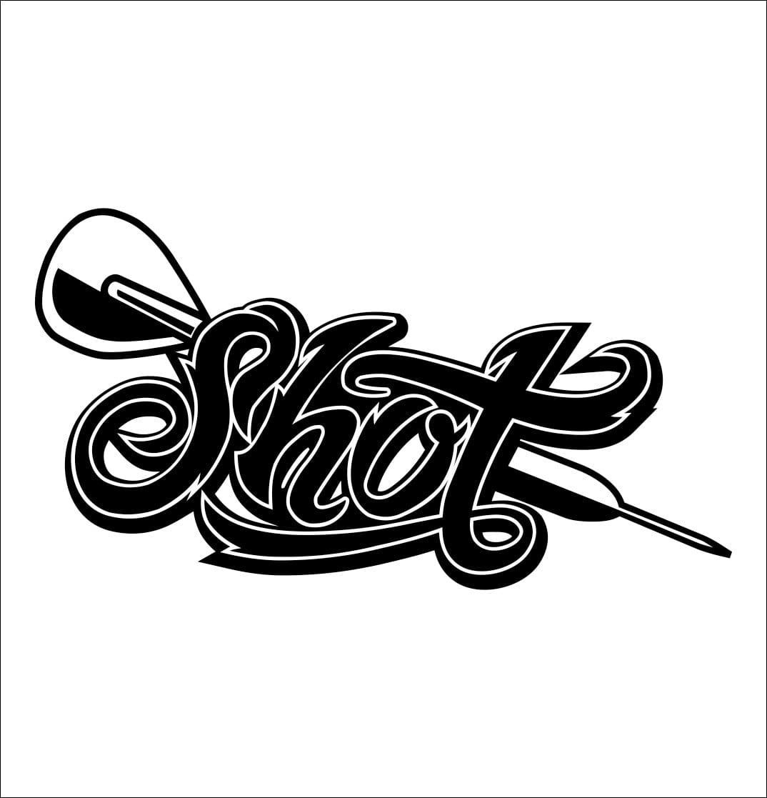 Stylized word 'shot' with a black and white dart incorporated into the design.